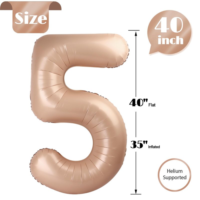 Light Brown 5 Balloon, Tan Number Balloons 40 Inch, Beige 5th Birthday Balloon Decorations, Light Brown Party Supplies, 5 Number Balloons, Number 5 Balloon