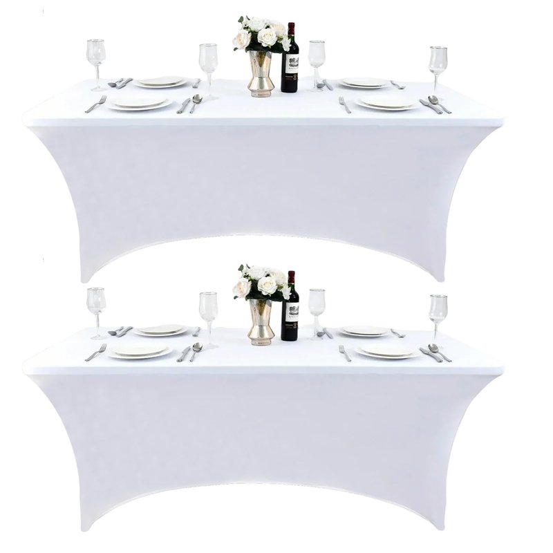ZarzaaSik 2-Pack 6ft White Spandex Table Covers for Rectangle Standard Folding Tables - Wrinkle Resistant Stretch Tablecloths - Ultimate Fitted Table Protector for Parties, Trade Shows, Banquet