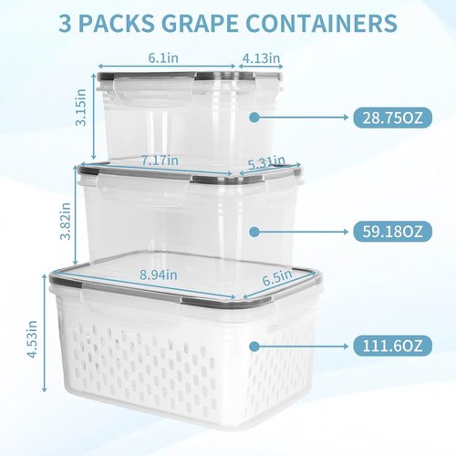 Grape Container - Leakproof Produce Storage with Removable Colander | 3PCS (0.9Qt - 13.5Qt)