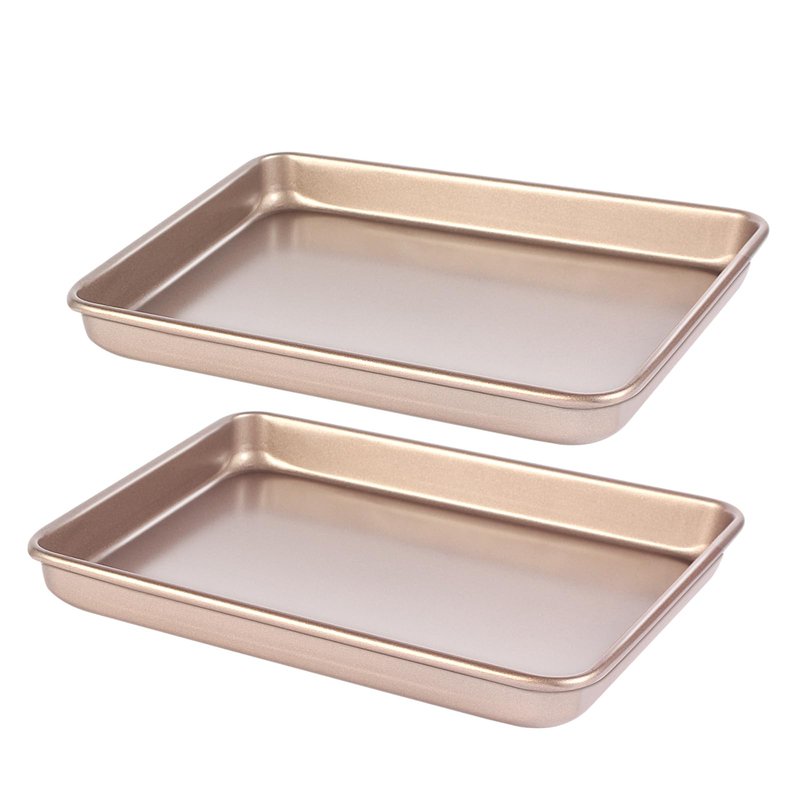 Barlket Small Cookie Sheet Pan 9x11 Inch, Nonstick Baking Tray 2-Pack, 0.8mm Thick Heavy Duty Carbon Steel, Gold – Oven Safe, Easy Clean, Bakeware Sets for Cookies, Roasting