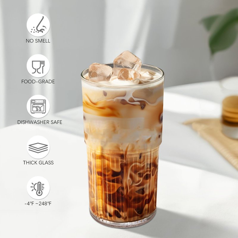 Luiaiog 18.5oz Glass Cups with Lids and Straws - Set of 2 Reusable Tumblers, Thickened Shatter-Resistant Glass, Ideal for Iced Coffee, Smoothies, Cocktails, Juices - Elegant & Durable Drinkware