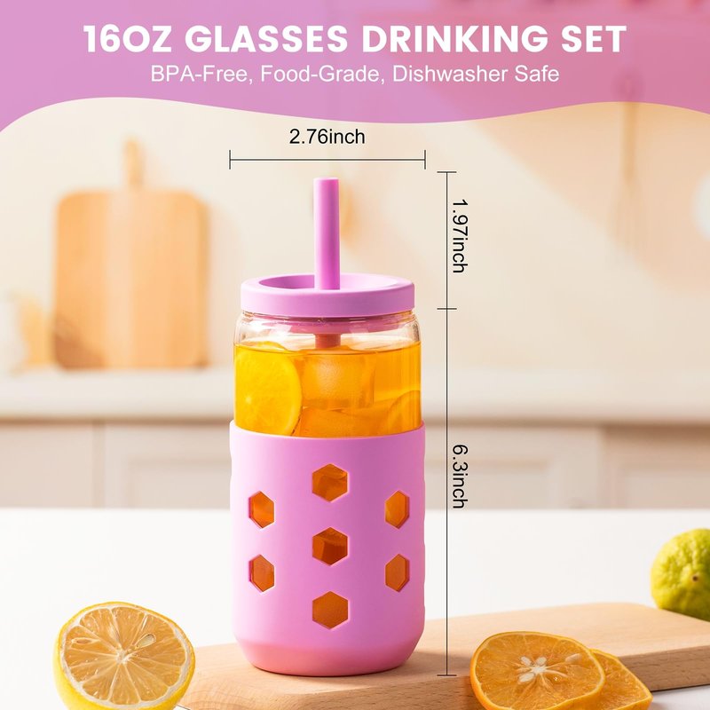 Mrsdry Glass Cups with Lids and Straws (4 Pack), 16oz Drinking Glasses Set with Silicone Sleeves for Coffee Bar Accessories Iced Coffee Cups with Lids, Glass Tumbler Reusable for Gifts