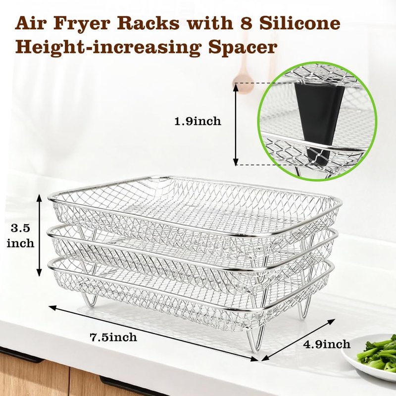 BYKITCHEN Air Fryer Rack for Ninja 8 QT DZ201/ SL201 DualZone Airfryer/Bella 4QT Slim Airfryer&More, 3pcs Stackable Stainless Steel Dehydrator Rack with Silicone Feet, Ninja Air Fryer Accessories