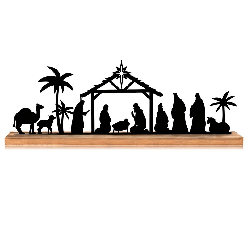 Akulgaci Metal Nativity Sets for Christmas Decorations Black Metal Nativity Scene with Wooden Base for Xmas Home Indoor Mantel Tabletop Office Kitchen Table Shelf Decor (Classic)
