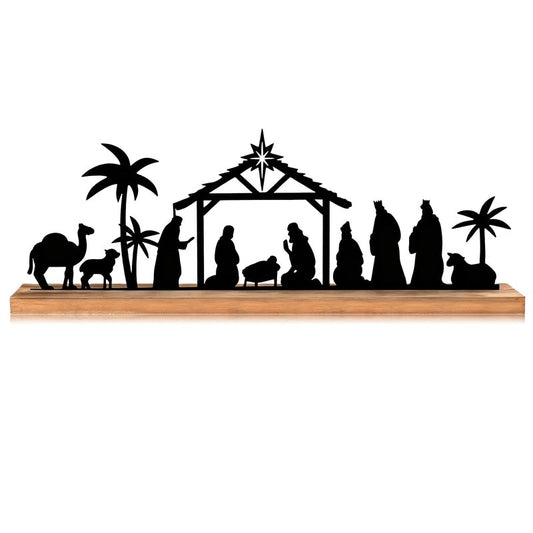 Akulgaci Metal Nativity Sets for Christmas Decorations Black Metal Nativity Scene with Wooden Base for Xmas Home Indoor Mantel Tabletop Office Kitchen Table Shelf Decor (Classic)