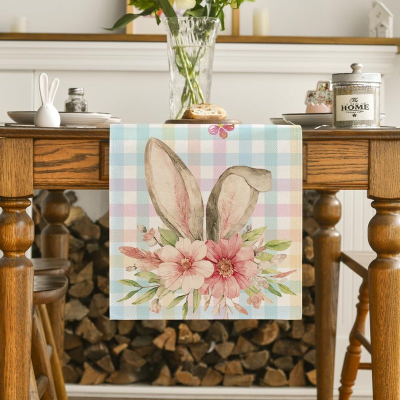 Artoid Mode Colourful Buffalo Plaid Bunny Ears Flower Easter Table Runner, Spring Seasonal Holiday Kitchen Dining Table Decoration for Home Party Decor 13 x 72 Inch