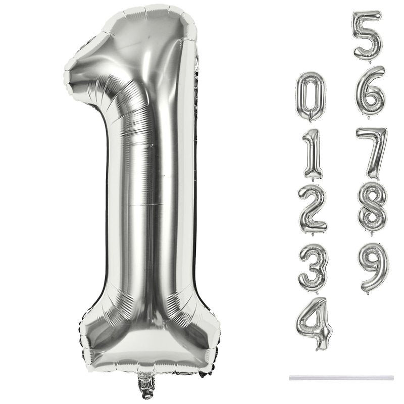 Silver 1 Balloon Number, 40 Inch Giant Helium Foil Number 0-9 for Boys Girls, Self Inflating 1st Birthday Balloon for Women Men 10th Anniversary Baby Shower New Year Wedding Party Decorations Supplies