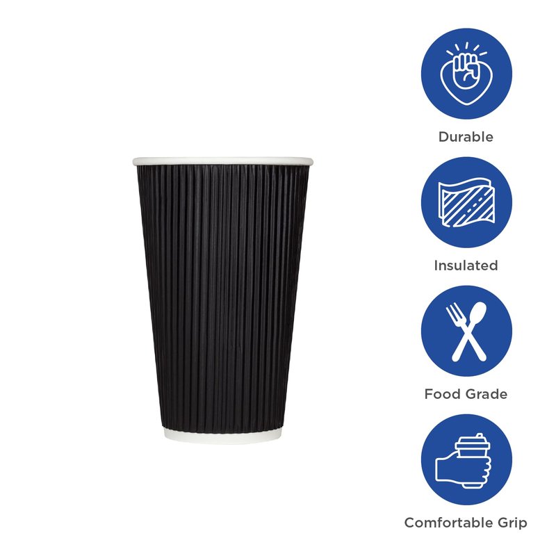 Karat 8 oz Ripple Insulated Coffee Cup [500 Count] Black Disposable Paper Hot Cup, Sturdy and Leak Proof, 80mm, No Lids