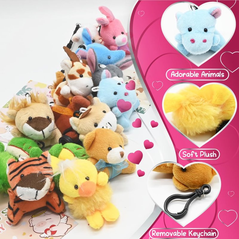 24PCS Valentines Day Cards with Small Stuffed Animals Plush Toys Set, Little Mini Stuffed Animal Keychain Valentine Exchange Cards for Kids Classroom School Exchange Prize, Valentines Day Gifts