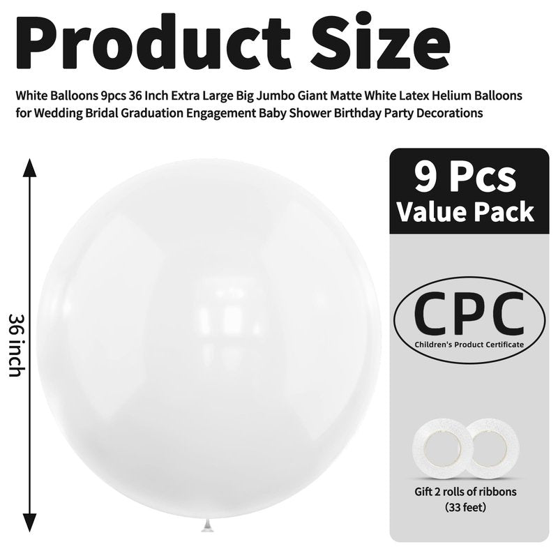 LEEZZIZZ White Giant Balloons 36 Inch, Large Latex Balloons, 9 Pcs Jumbo Balloons Bluk for Kid's Party Wedding Birthday Supply Decorations.