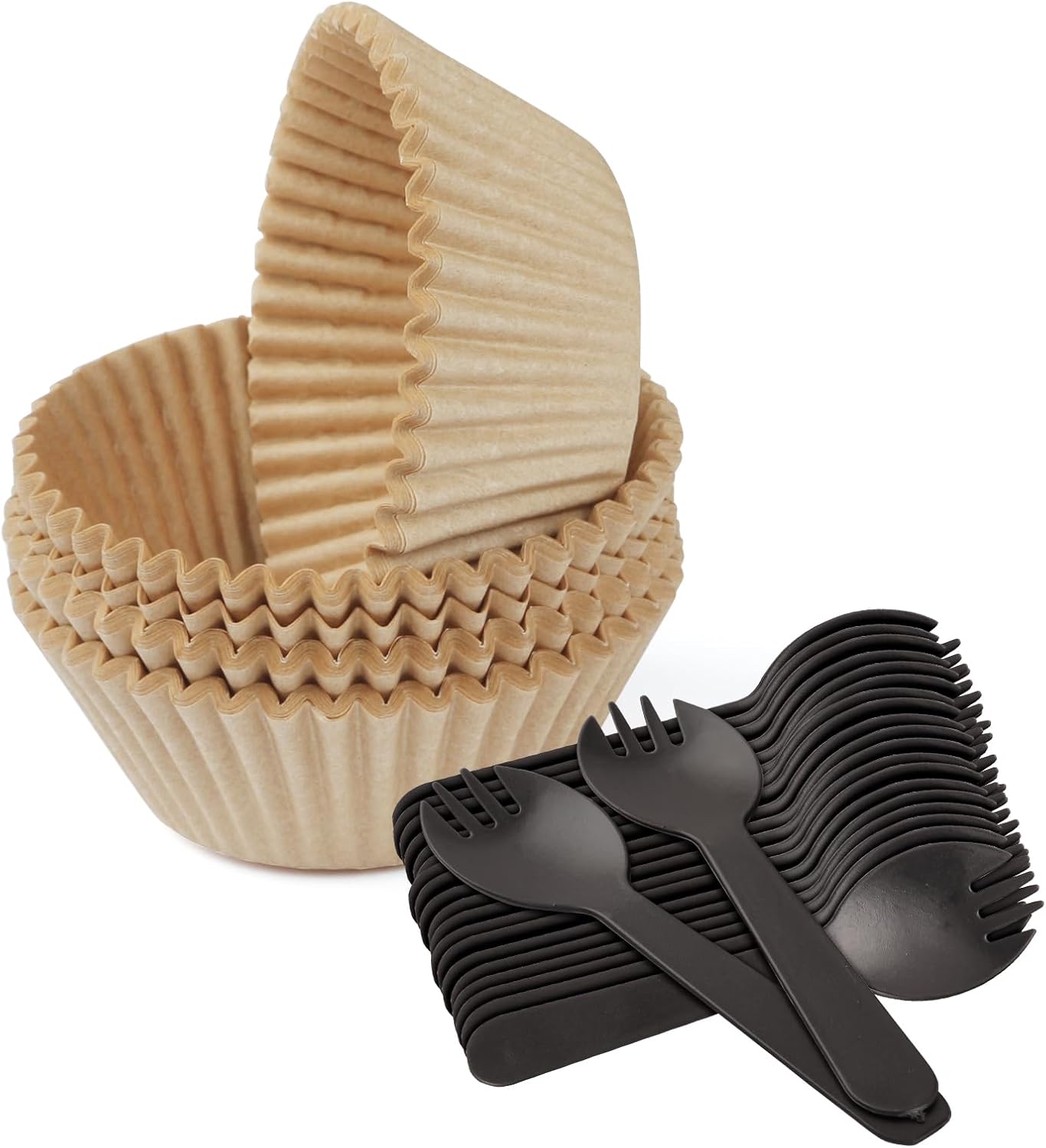 Skiennix 100PCS Natural Cupcake Liners - Eco-Friendly Baking Cups with 100 Plastic Spoons | Small Size