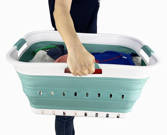 SAMMART 42L (11 gallon) Collapsible Plastic Laundry Basket - Foldable Pop Up Storage Container/Organizer - Space Saving Hamper/Basket (1, White/Celadon Green)