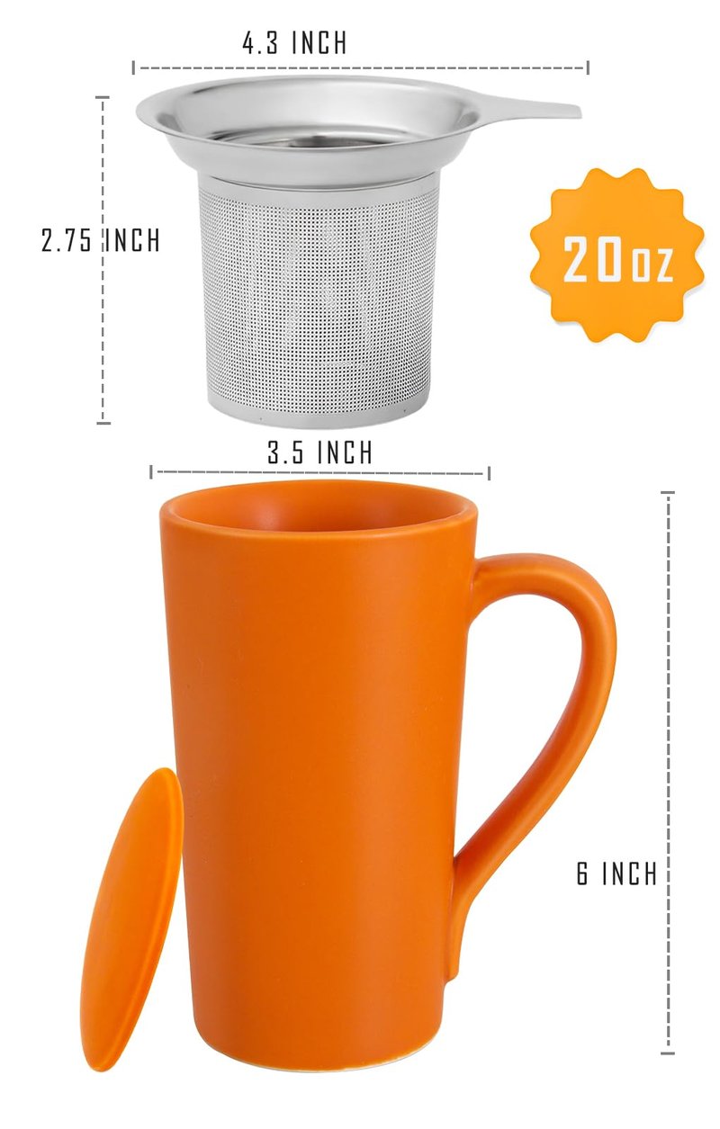 Tea Cup with Infuser and Lid, 20oz Tea Mug with Handle for Steeping Loose Leaf Tea, Dishwasher and Microwave Safe, Ceramic Tea Strainer Cup Gifts for Tea Lovers, Orange