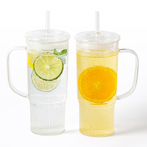 GOSCHE Glass Cups with Lids and Straws, 24oz Clear Iced Coffee Cups with Handle, Glass Tumbler with Straw and Lid for Smoothie Water Tea Juice, Clear, 2 Pack