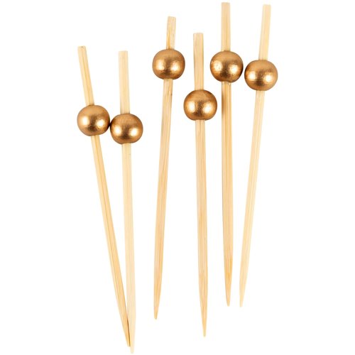 Eco-friendly Gold Wooden Ball Food Picks (Pack of 100) - Sustainable Skewers And Bamboo Picks for Charcuterie, Appetizers, & Cocktail Picks For Parties, Casual Dining & More, 3.5"
