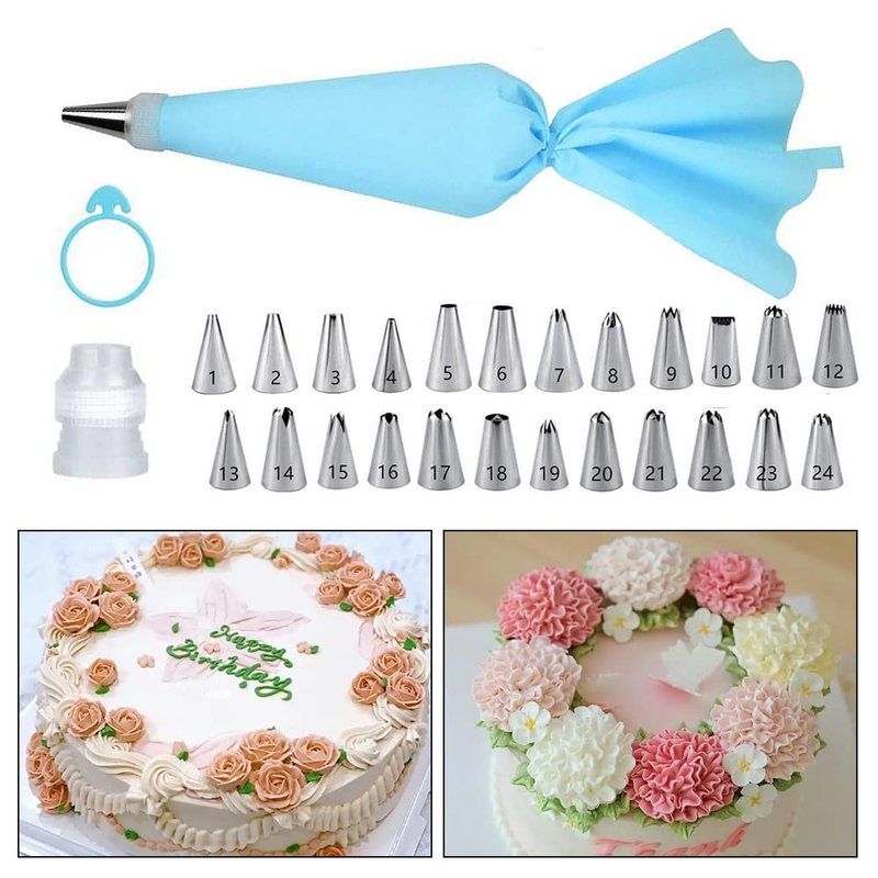 27-Piece Cake Decorating Kit with 24 Stainless Steel Nozzles, Reusable Silicone Bag, Coupler & Tie - Icing Bags and Tips Set for Cupcakes, Cookies & Baking