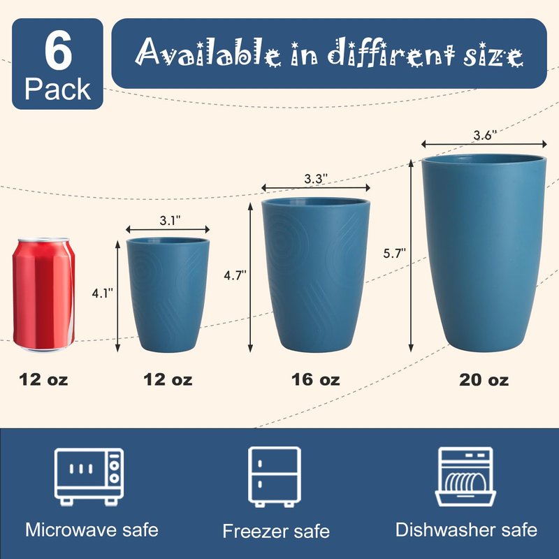 Perlapoc Wheat Straw Cups, Plastic Cups Reusable, Unbreakable Drinking Glasses Set of 6, Plastic Cups for Kitchen Camping Outdoor, 16 OZ Dishwasher Safe Tumblers & Water Glasses, Multi