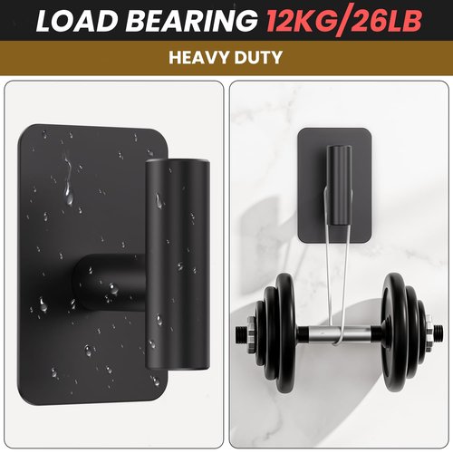 Eowihor Heavy Duty Adhesive Hooks - 26lb Max, Sticky Wall Hooks Waterproof Stainless Steel for Hanging Towel, Coat, Robe, Towel Hooks Stick on Bathroom, Kitchen, Shower, Door (Black, 4 Pack)