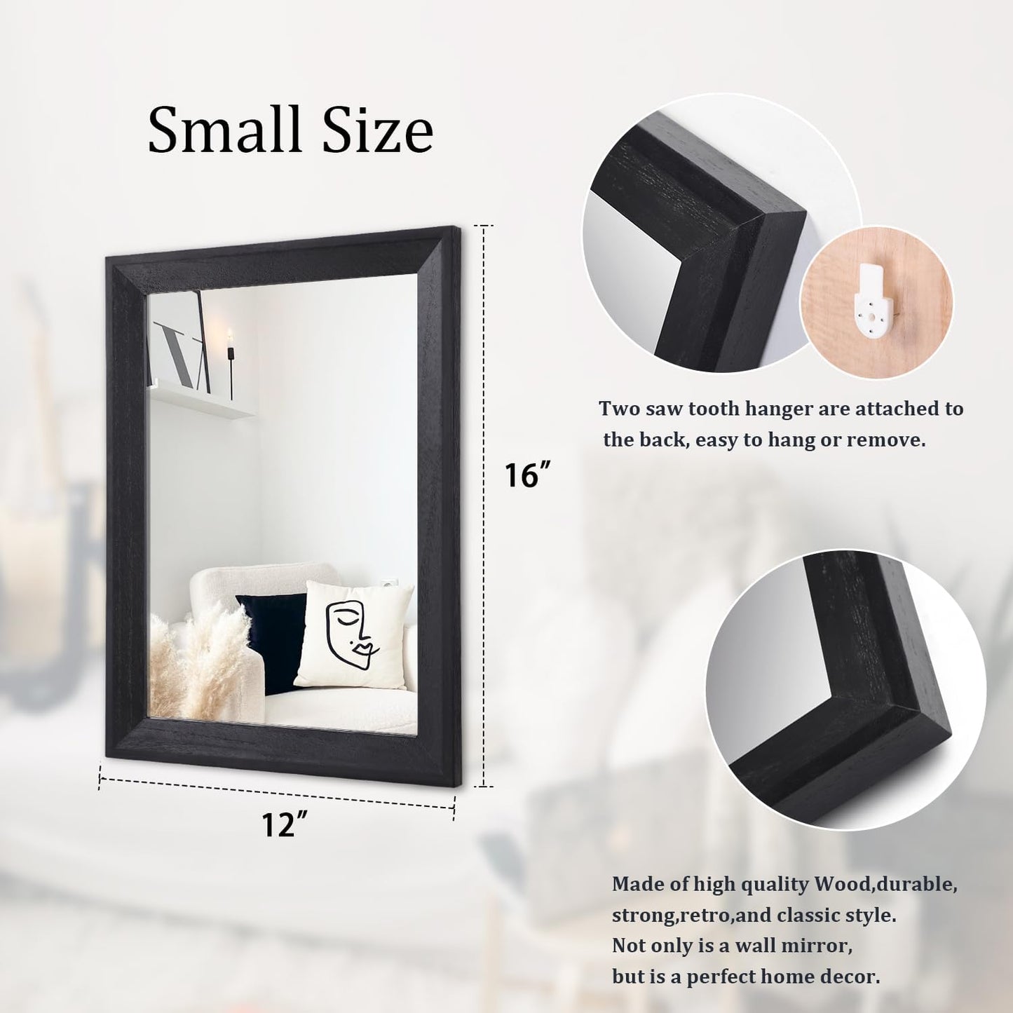 AAZZKANG Black Rectangle Wall Mirror - Decorative Wood Framed Design for Bedroom, Bathroom, or Living Room