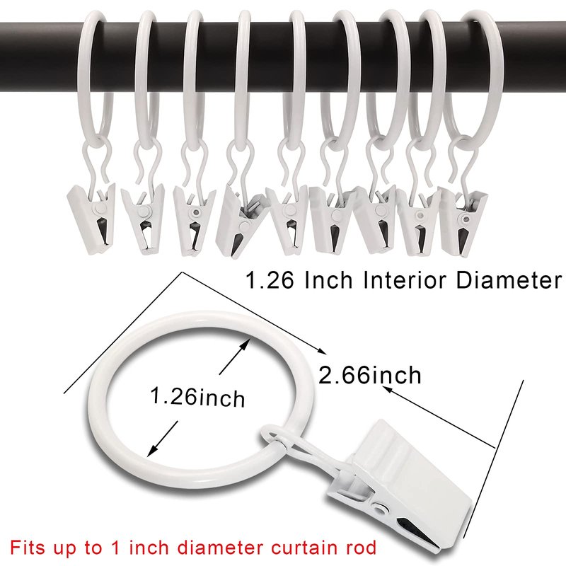 AMZSEVEN 40 Pack Curtain Rings with Clips, Drapery Clips with Rings, Drapes Rings 1.26 in Interior Diameter, Fits up to 1 in Curtain Rod, White