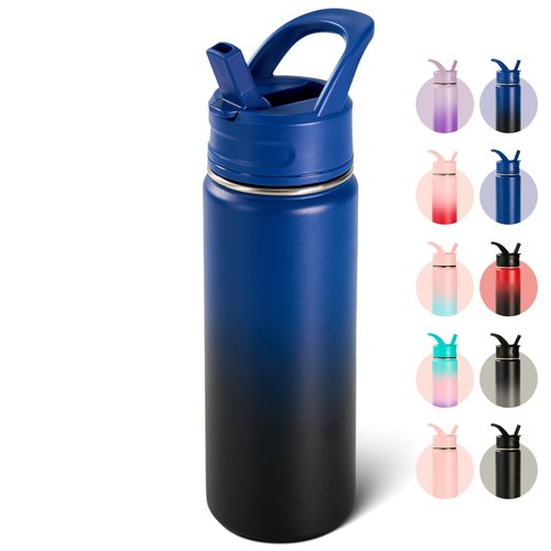 Fijinhom 18oz Insulated Stainless Steel Water Bottle with Straws, Double Wall Vacuum Insulated Bottles, Metal Thermo for Travel, Sports, Leak-Proof, BPA Free, Women & Men, Blue Gradient