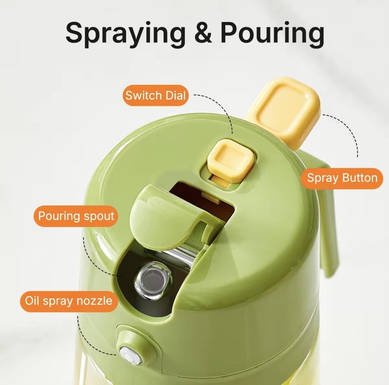 BEAUTIVANA 16oz/470ml Glass Olive Oil Sprayer for Cooking with Stickers, 2 in 1 Oil Dispenser for Kitchen Gadgets, Food Grade Premium Spray Bottle with Portion Control for Salad, Frying, BBQ (Green)