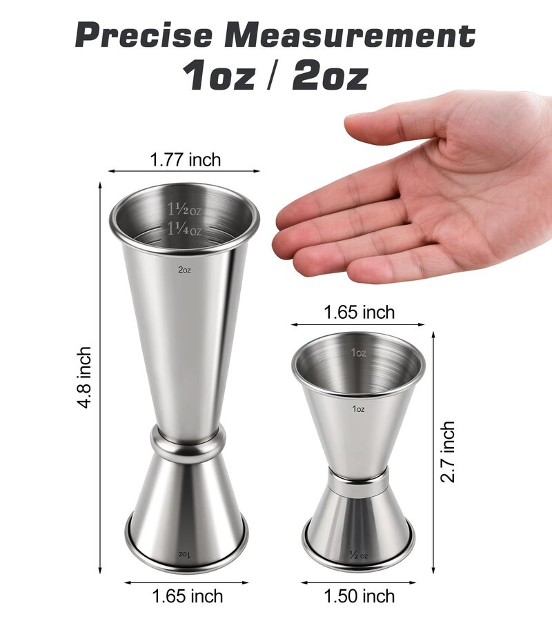 2-Pack Stainless Steel Cocktail Jiggers – Japanese Style Double Measuring Cups for Bartending (1oz/2oz + 0.5oz/1oz)