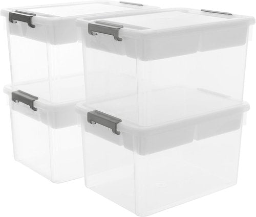 Citylife 32 QT Plastic Storage Bins - Large Stackable Containers with Removable Tray | Organize Crafts, Clothes & Office Supplies (4 Pack)