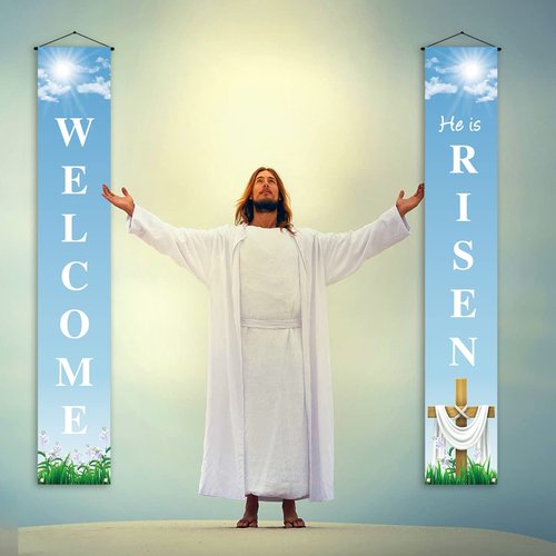 He Is Risen Porch Banner Easter Christian Cross Lily Religious Holiday Party Front Door Sign Wall Hanging Party Decoration