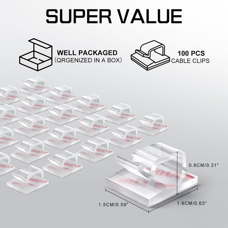 KGROTE 100PCS Cable Clips, Adhesive Wire Clips Strong Cord Clips Wire Holders, Cable Management Clips for Desk, Wall, Car, TV, Ethernet Cable (Clear, Small)