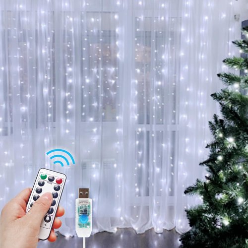 HOLITS 2 Pack 300 LED Fairy Curtain Lights, 9.8 x 9.8FT White USB Plug in 8 Modes String Hanging Lights with Remote for Christmas, Bedroom, Indoor, Outdoor, Weddings, Party (Cold White)