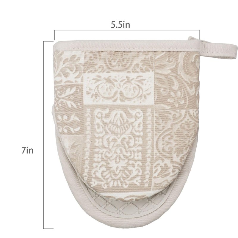 Alselo Mini Silicone Oven Mitts, Heat and Slip Resistant Kitchen Mittens 2-Pack Set, Khaki Patchwork Flower Soft Short Oven Gloves, Flexible Thick Pot Holders for Safe Cooking Baking & Grill (Khaki)