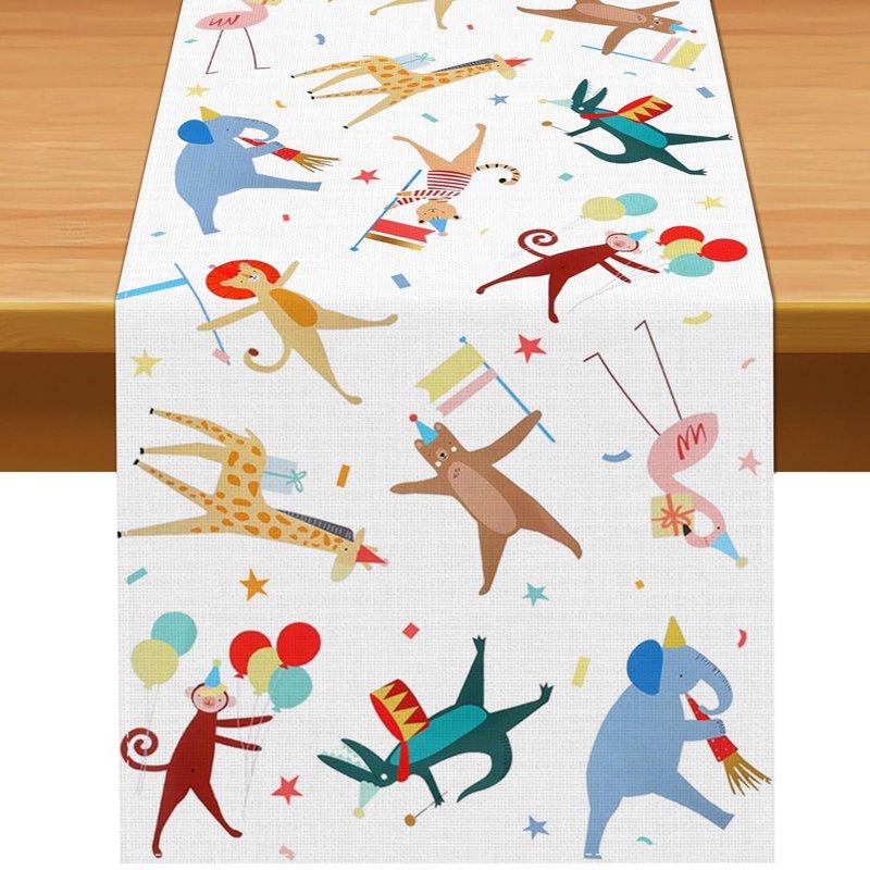 Pudodo Animal Parade Table Runner Jungle Animal Zoo Theme Birthday Party Baby Shower Kitchen Dining Room Home Decoration (13" x 72")