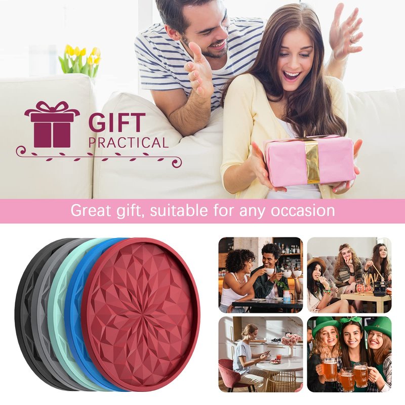 ME.FAN Silicone Coasters with Holder,[6 Pack] Drinking Coasters - Cup Mat for Hot or Cold Drinks, Thickened, Non-Slip, Non-stick,Deep Tray Dark Grey