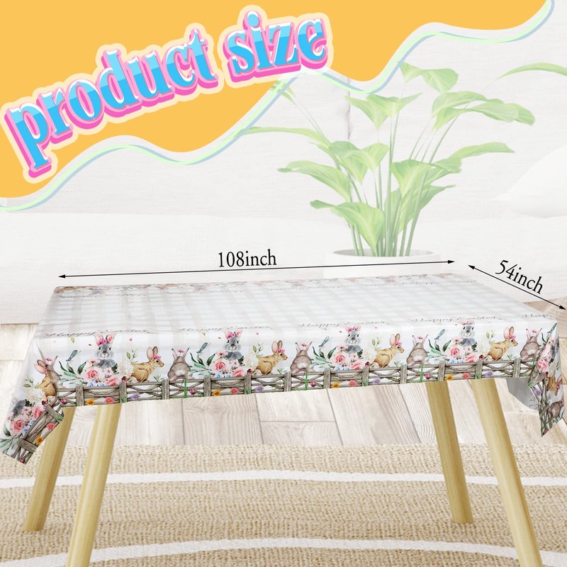 Patelai 4 Pcs 54 x 108 Inch Happy Easter Bunny Table Cloth Rectangle Plastic Easter Flowers Table Cover Spring Tablecloth Party Decorations for Home Picnic Dinner