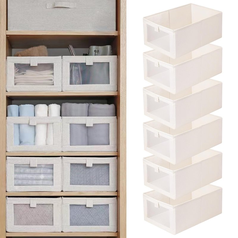 Linen Closet Organizers And Storage, 6 Pack Closet Storage Bins Linen Closet Baskets for Closet Organization Foldable Closet Organizer Bins with Clear Window For Organizing Clothing, Jeans, Shelves