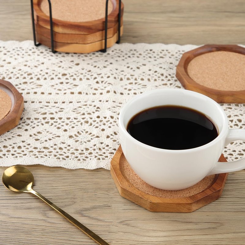 LiWiBet Wood Cork Coasters for Drinks Absorbent with Holder, 4.33in Decagonal Shape Acacia Wood Coaster Set Drink Coasters for Cups, Mugs, and Glasses - Handcrafted, Durable, and Stylish