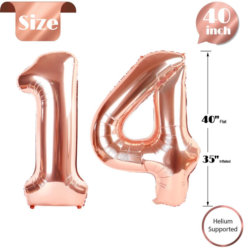 Rose Gold Number 14 Balloon 40 inch, 14 Number Balloons, 14th Birthday Decorations for Girls Boys, 14 Year Old Rose Gold Party Supplies