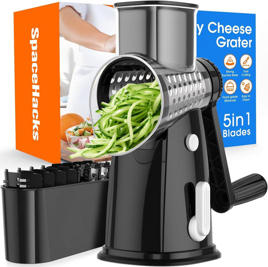 Skiennix 5-Blade Rotary Cheese Grater - Hand Crank Vegetable Chopper & Slicer with Suction Base (Black)