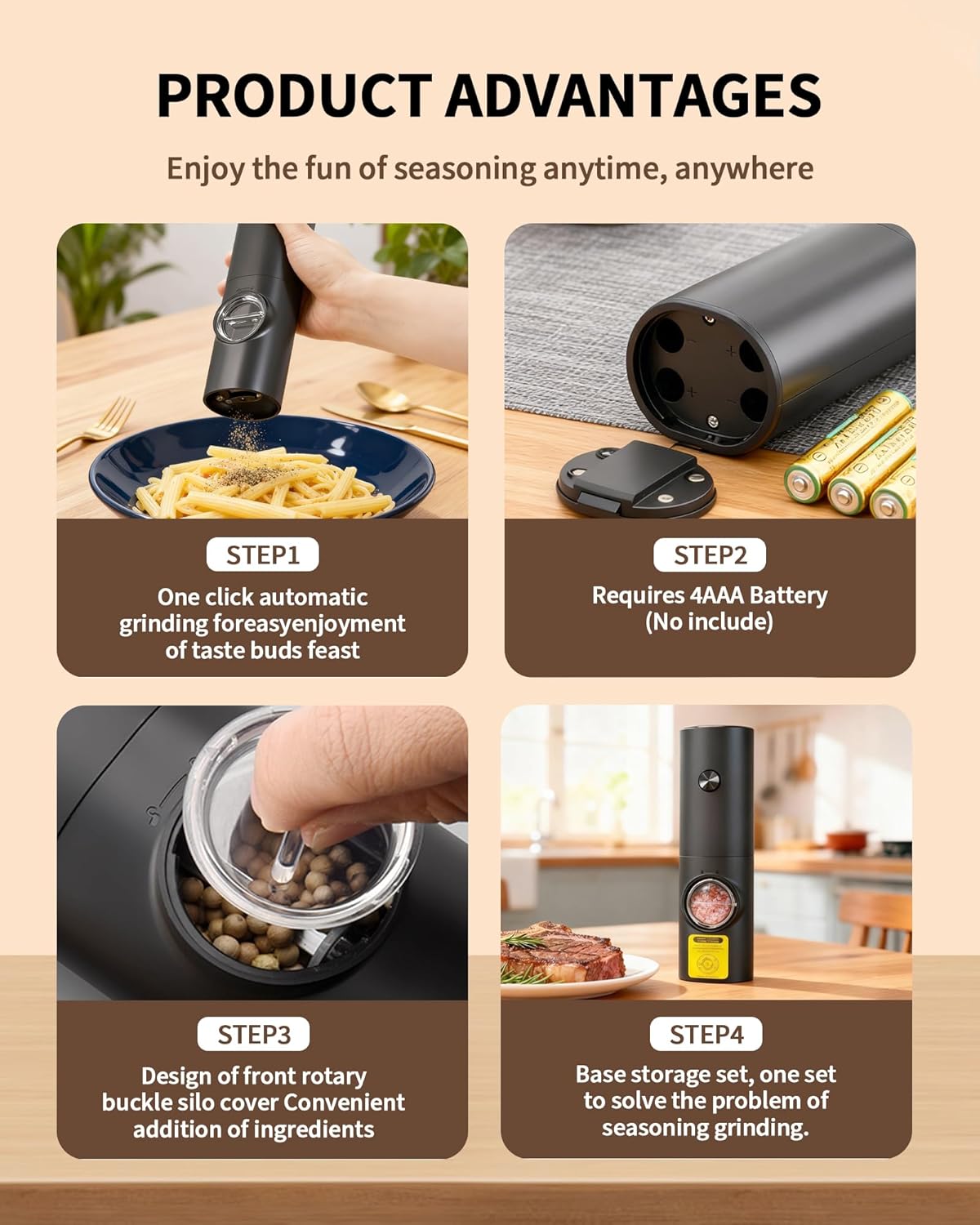 Skiennix Electric Salt and Pepper Grinder Set - Upgraded Automatic Mills with Adjustable Coarseness & LED | 2-Pack for Home Cooking & Gifts