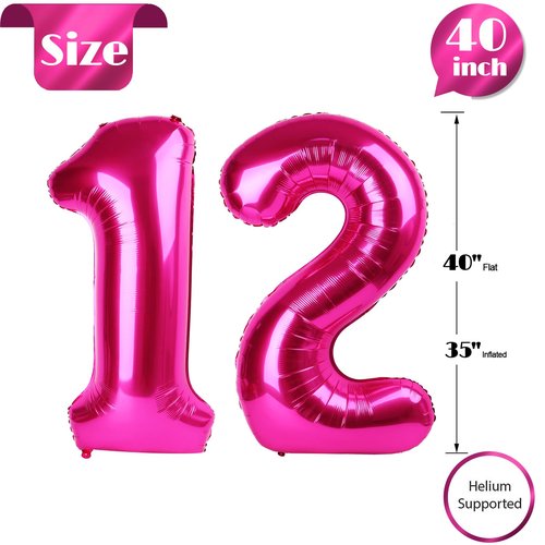 Hot Pink Number 12 Balloons 40 inch, 12 Number Balloons, 12th Birthday Decorations for Girls 12 Year Old Hot Pink Party Supplies