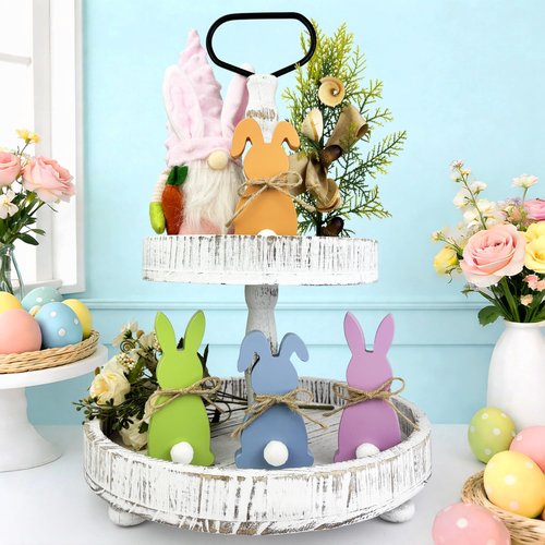 Easter Decorations - Wooden Bunny Peeps Signs 4PCS, Spring Decor with Hemp Rope for Home Table Tiered Tray, Easter Freestanding Centerpiece for Indoor Mantel Shelf Office Party Gifts Basket Stuffers
