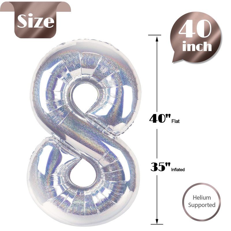 Laser Silver 8 Balloon, Number Balloons 40 Inch, 8th Birthday Decorations for Girls, Birthday Balloons, Laser Silver Party Supplies, Number 8 Balloon
