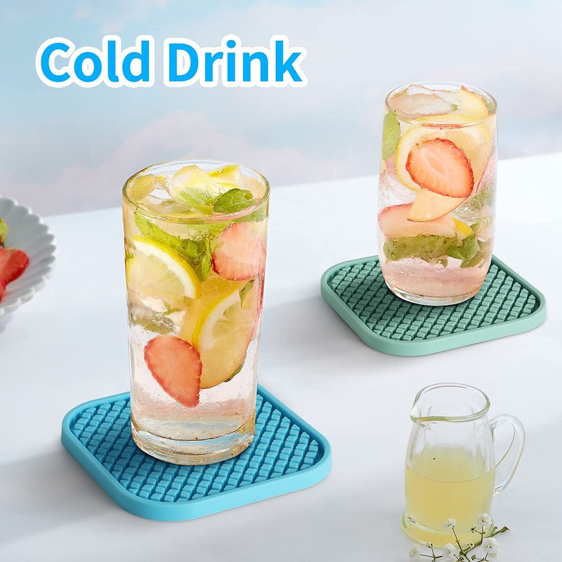 ME.FAN Silicone Coasters with Holder [6 Pack] Square Drink Cup Mat - Non-Slip, Non-stick, Stay Put, Deep Tray - Prevents Furniture and Tabletop Damages Nave Blue