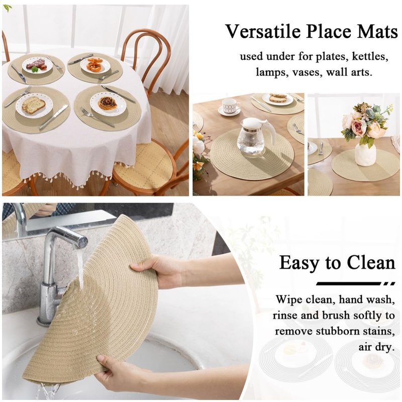 SHACOS 15 inch Round Braided Placemats Set of 6 Cotton Polyester Heat Resistant Table Mats Washable Place Mats for Dinner Party Table Decoration (Light Beige, 6)