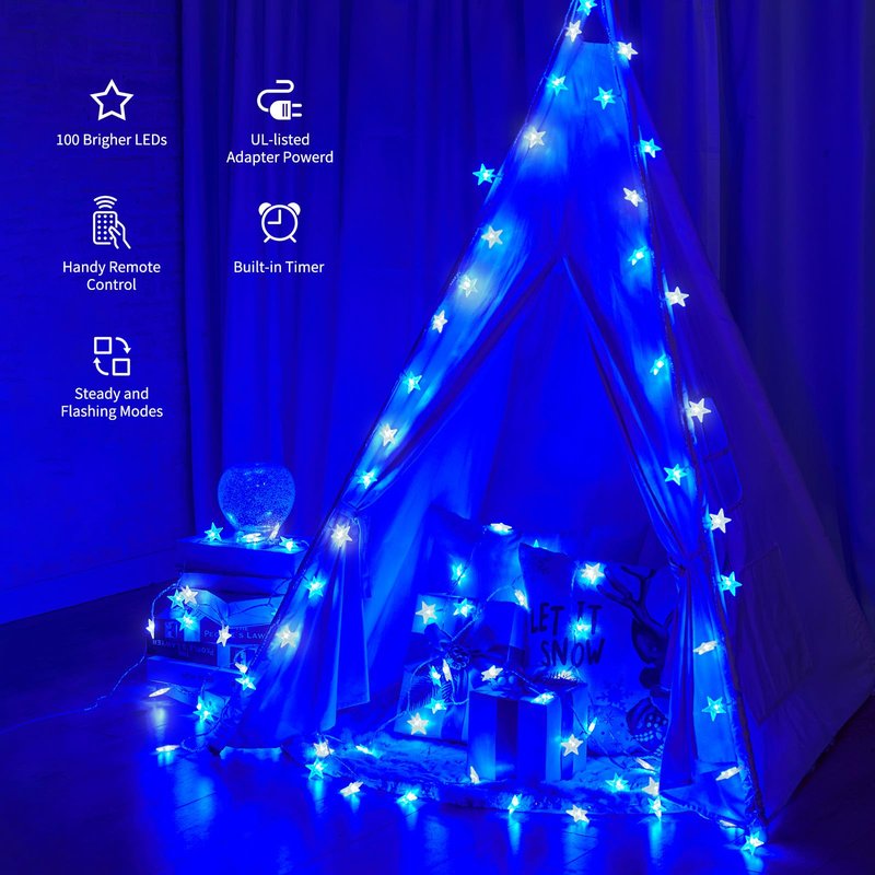 Minetom Blue and White Star String Lights Plug in - 33 ft 100 LED Star Fairy String Lights with Remote and Timer, 8 Modes Waterproof for Tent Loft Bed Backyard Patio Balcony Staircase