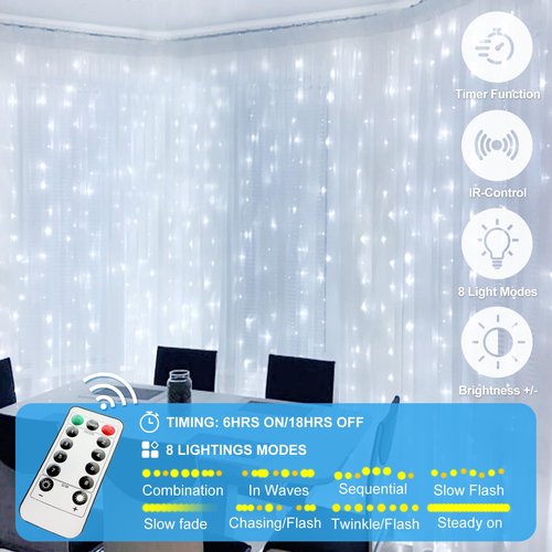HOLITS 2 Pack 300 LED Fairy Curtain Lights, 9.8 x 9.8FT White USB Plug in 8 Modes String Hanging Lights with Remote for Christmas, Bedroom, Indoor, Outdoor, Weddings, Party (Cold White)
