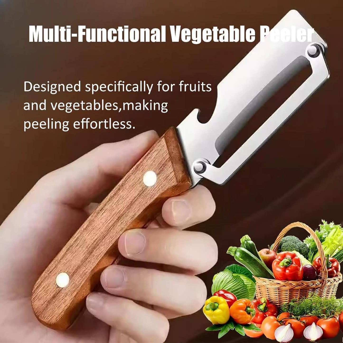 Skiennix Multi-Functional Vegetable Peeler - 2-in-1 Stainless Steel Tool with Wooden Handle & Bottle Opener