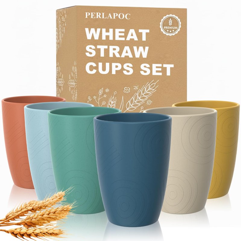 Perlapoc Wheat Straw Cups, Plastic Cups Reusable, Unbreakable Drinking Glasses Set of 6, Plastic Cups for Kitchen Camping Outdoor, 16 OZ Dishwasher Safe Tumblers & Water Glasses, Multi