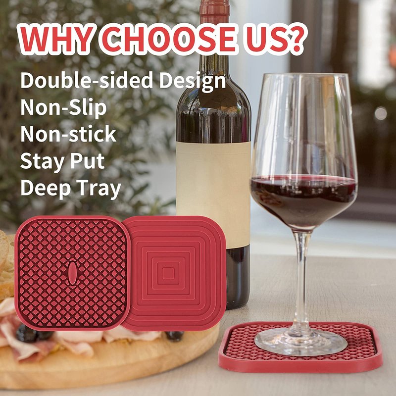 ME.FAN Silicone Coasters with Holder [6 Pack] Square Drink Cup Mat - Non-Slip, Non-stick, Stay Put, Deep Tray - Prevents Furniture and Tabletop Damages Nave Blue